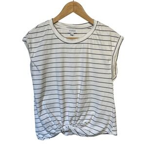 EVEREVE White Black Stripe Twist Front Cap Sleeve T Shirt Top Womens Size S
